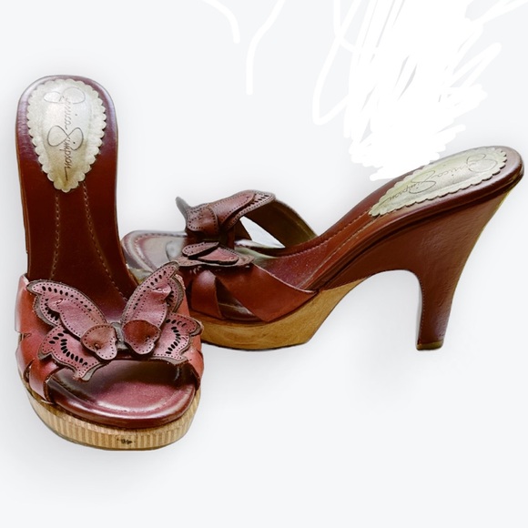 Jessica Simpson Red Leather Butterfly Sandal Wooden Platform Heels ~ 8B/38 - Picture 15 of 17